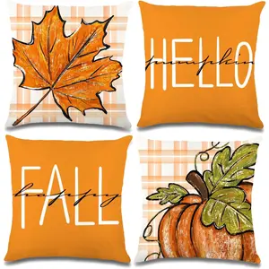 4 count Fall Pillow Covers Decoration,20x20in Buffalo Plaid Farmhouse Pumpkin Maple Leaves Thanksgiving Fall Throw Pillows Cushion Case Couch Decor for Autumn Home Outdoor Decorations