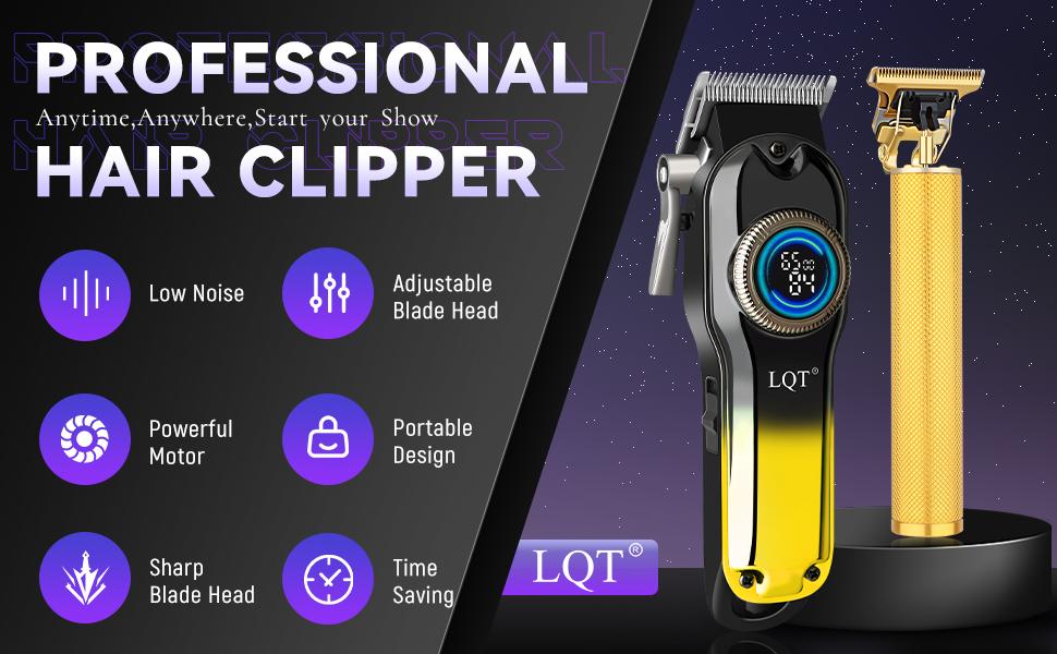 LQT Gradient Gold 2-in-1 Men's Grooming Kit, Cordless Hair Clipper with Circular LCD Display, Gold T-Blade Trimmer, Complete Rechargeable Barber Set with Guide Combs & Cape for Salon & Home DIY Haircuts, Fades, Edges & Beard Shaping