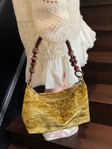 2025 Autumn and Winter Fashion New Style Retro Neo-Chinese Style Solid Color Armpit Bag, National Trend Minimalist Beaded South Style Single-Shoulder Velvet Trendy Versatile Women's Bag for Outings Crossbody Shoulder Bag Casual Crossbody Bag