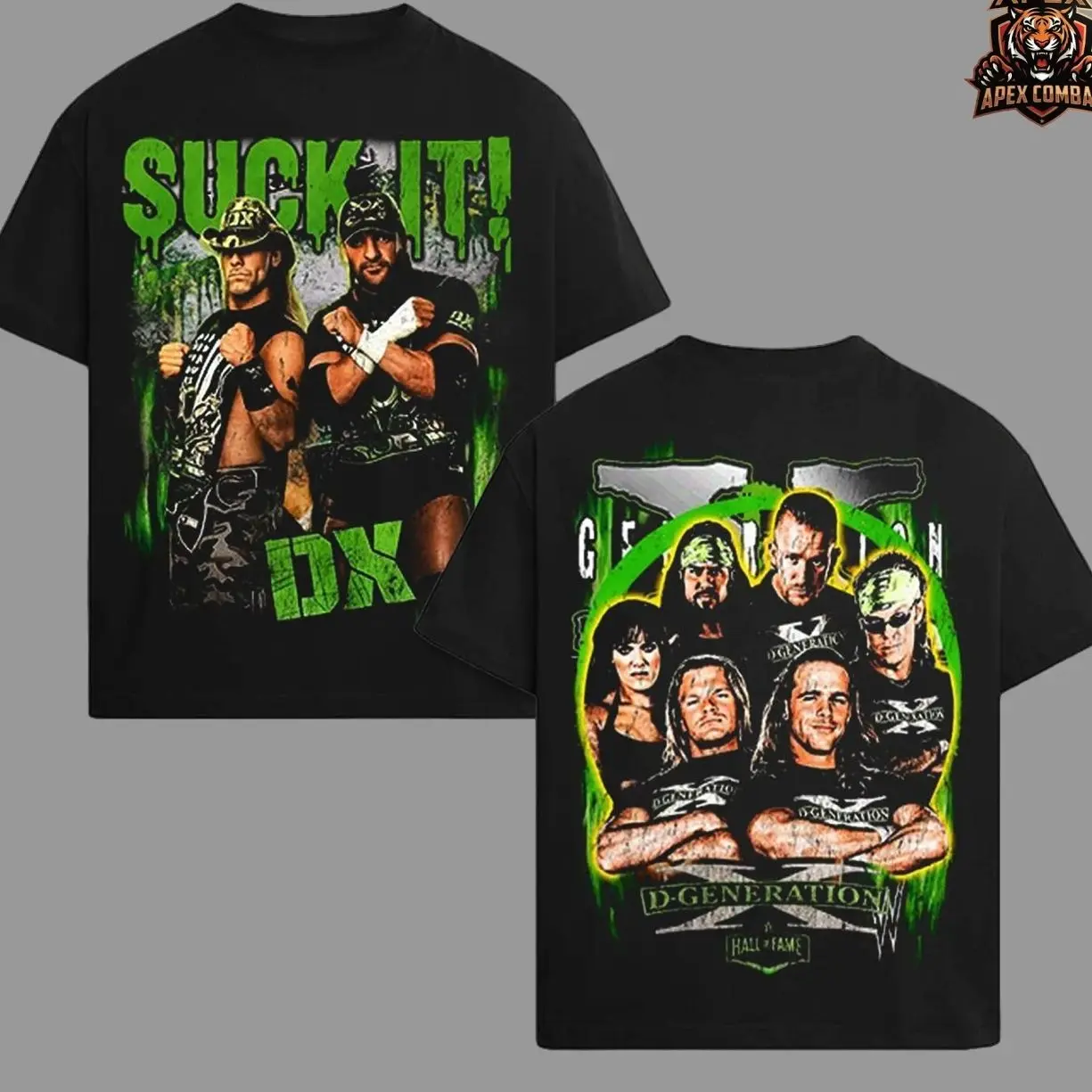 D-Generation X DX Wrestling Graphic T-Shirt Vintage Style Streetwear Tee WWE Inspired Suck It Green Neon Design Retro Attitude Era Shirt Shawn Michaels Triple H Fan Apparel Oversized Cotton Unisex Casual Outfit Gift for Wrestling Fans MPO