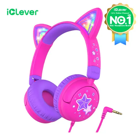 iClever Kids Cat Ear Led Lights Up Wired Headphones 85dBA Safe Volume Stereo Sound i clever  Cable Adjustable Headset
