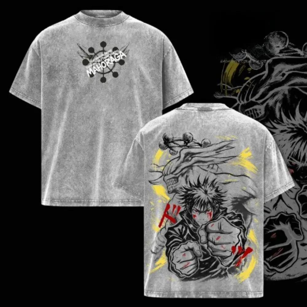 Menswear Jujutsu Kaisen Megumi Fushiguro x Mahoraga Round Neck Shortleeve Top - Vintage Washed Oversized Anime Character Art Men's Short-Sleeve T-Shirt, Culling Game Arc Streetwear, Soft Cotton Unisex Gift for JJK Fans Merchandise