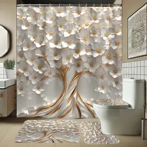 Floral Pattern Bath Curtain Set with Rug, Non-Slip Shower Mat, U-Shaped Toilet Lid Cover Pad, Bathroom Decor with Hooks