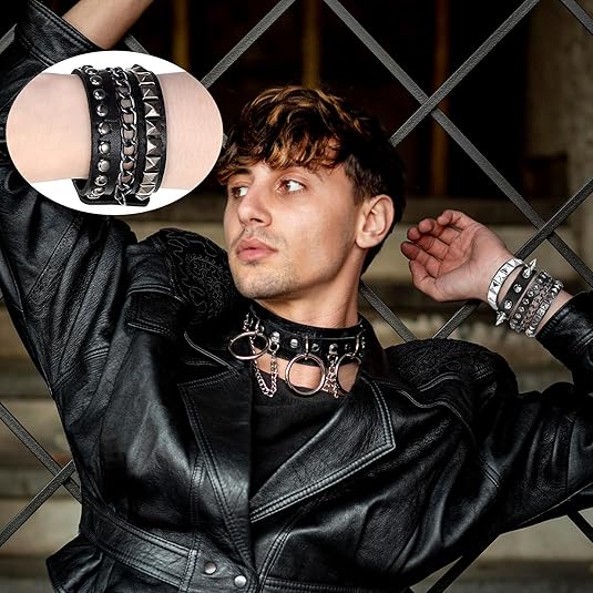 3 Pcs Punk Rock Studded Bracelet Set Spiked Leather Cuff Bracelet for Men Women 80s Wristband Emo Bracelet Adjustable