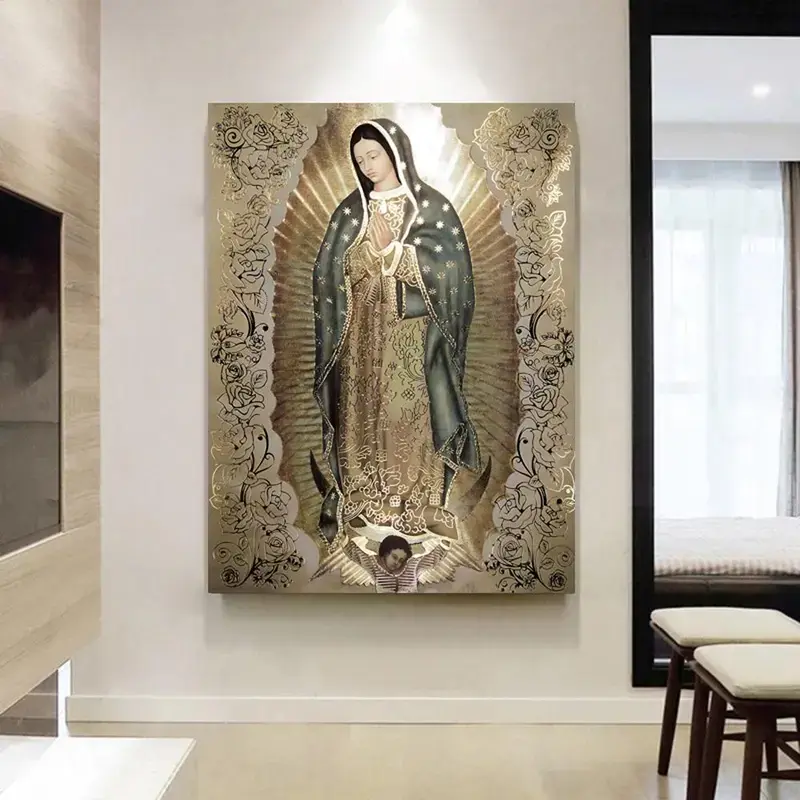 Guadalupe Virgin Mary Canvas Painting – Religious Wall Art for Living Room and Bedroom | Elegant Home Decor