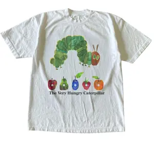 The Very Hungry Caterpillar Classic Book Character Graphic T-Shirt, Nostalgic Eric Carle Fruit Illustration Print, Unisex White Heavyweight Streetwear Tee, Cute Retro Teacher Gift