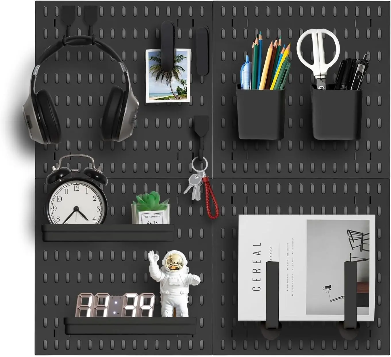 Pegboard Wall Organizer Kit, Modular Storage System, Black | 4 Modular 11.8" Pegboards with Hooks & Storage Baskets, Durable ABS/HIPS for Gaming, Office, Craft & Home Organization