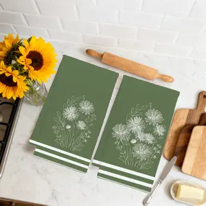 2pcs 23.6x15.7 In Green Botanical Pattern Kitchen Towels Spring Minimalist Style Line-drawn Daisy And Plant Pattern Dishcloths Scouring Pads Tea Set Decorations Suitable For Living Room And Kitchen Tea Towels