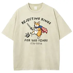 Rejecting Kings For 250 Years Corgi 4th Of July T-Shirt, Vintage Washed Heavyweight Stone Wash Oversized Tee, Funny Patriotic Dog Shirt, Gift For Independence Day