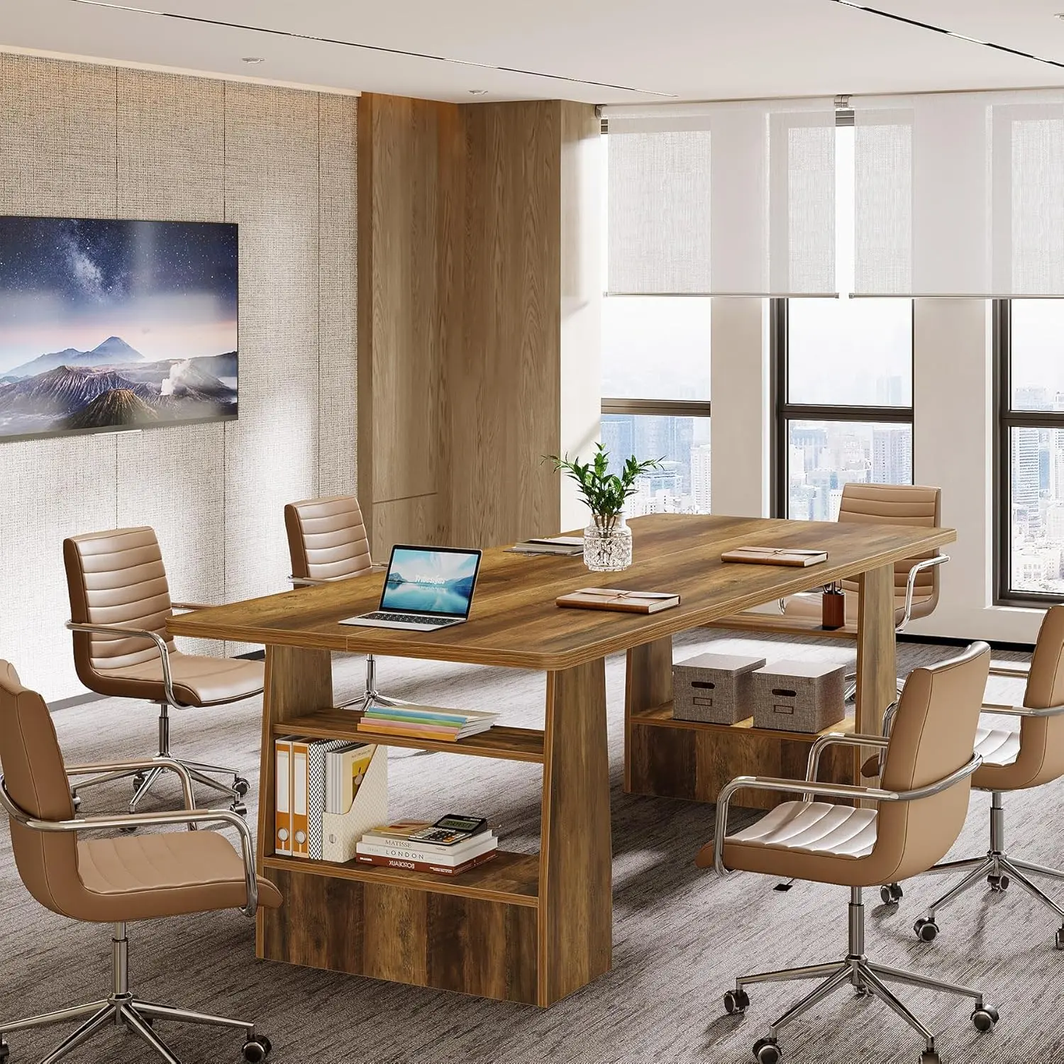 LITTLE TREE 63-inch Conference Table with 4-Tier Shelf Duty Pedestal, Rectangular Executive Meeting Table for Office, Large Rectangle Sturdy Business Desk, Industrial Seminar Table for 4-6 People