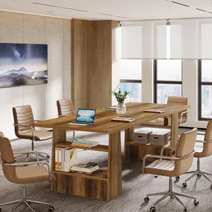 LITTLE TREE 63-inch Conference Table with 4-Tier Shelf Duty Pedestal, Rectangular Executive Meeting Table for Office, Large Rectangle Sturdy Business Desk, Industrial Seminar Table for 4-6 People