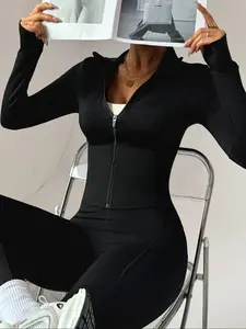 Women's Fashion Sport Jacket, Stand Collar Design, Finger Gloves Included, Zippered Waist Hidden Curve, Women Workout Clothes, Sports Jacket, Athletic Jackets, Yoga Running Fitness Casual Top, Gym Jacket