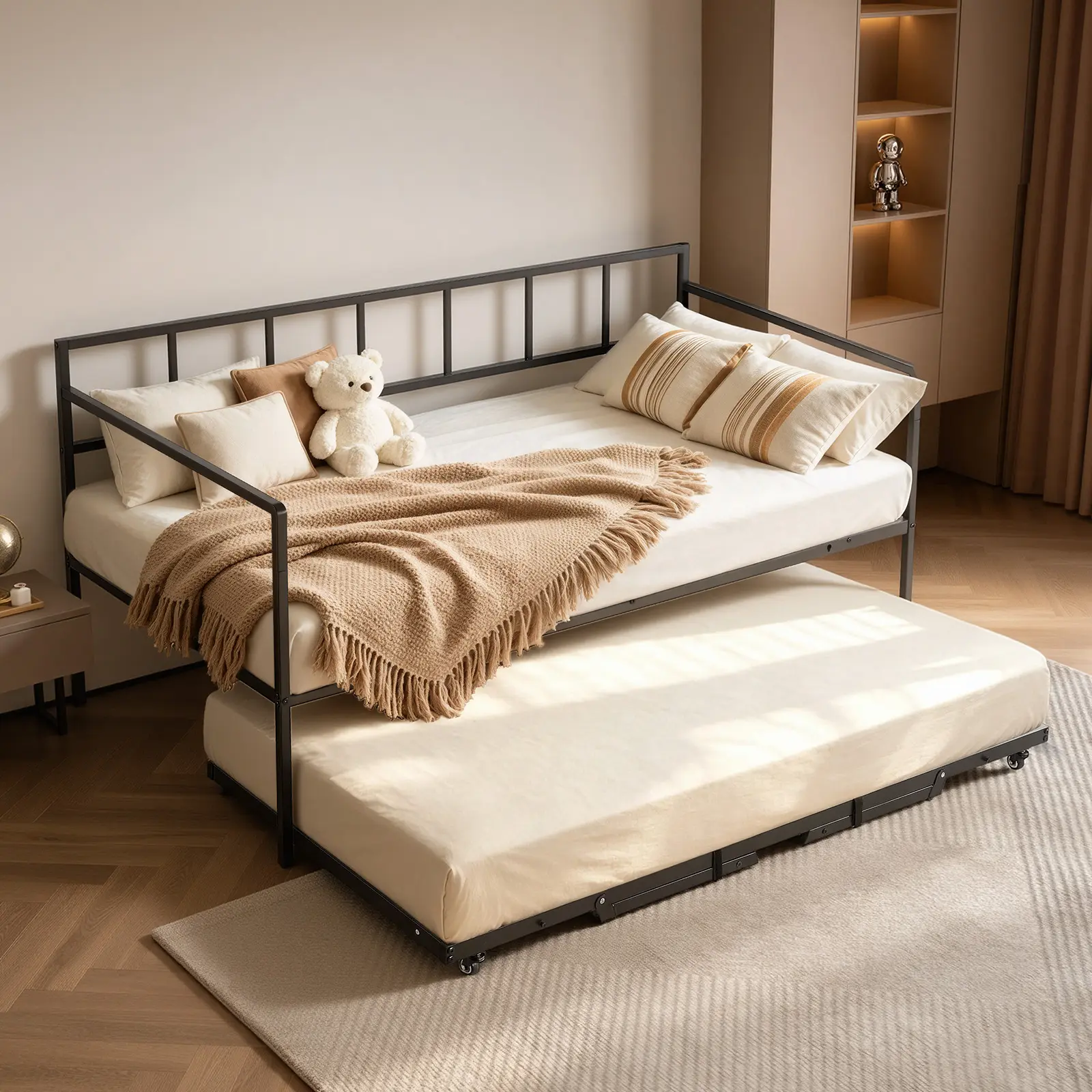 VEVOR Twin Daybed with Pop Up Trundle Metal Twin Day Bed Frame Pull Out, for Living Room Bedroom Guest Room, Space Saving, Heavy-Duty Metal Sofa Bed Support, Lockable Casters, Easy Assembly, Black