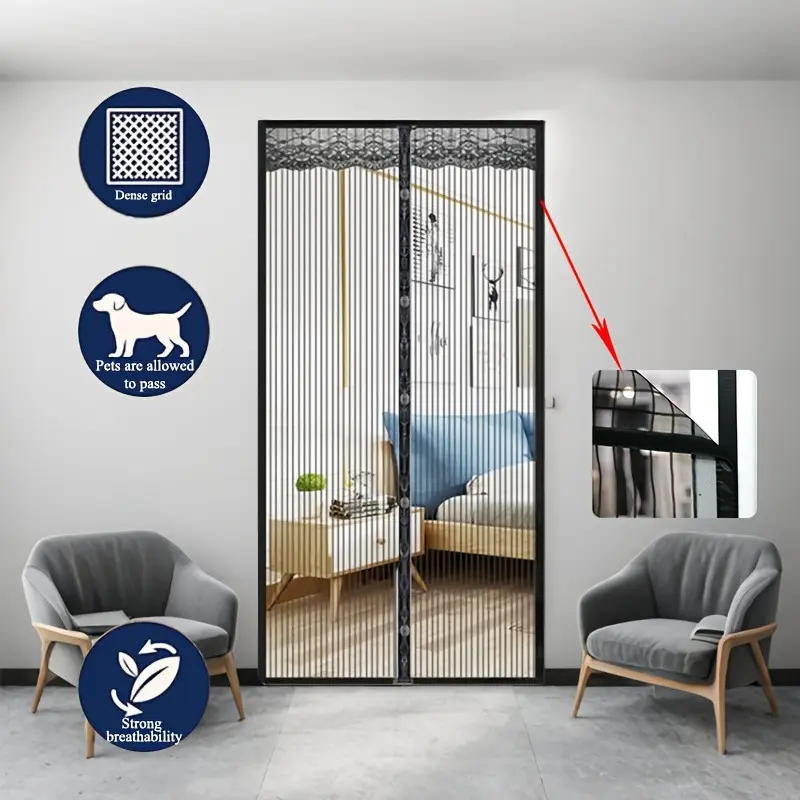 High-End Breathable Mesh Door Curtain, Anti-Scratch Self-Closing Design, Noise Reduction, Easy Clean Polyester Fabric for Indoor Outdoor Use