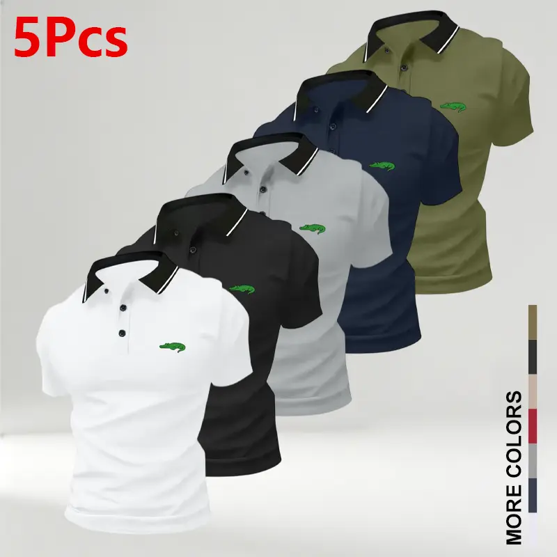 Pack of 5 summer men's short-sleeve poloshirts with turn-down collar and crocodileprint; casual sportswear tops for men-essential for business travel, dates, and homewear I Breathable, comfortable fabric; casualstyleIGolf shirt
