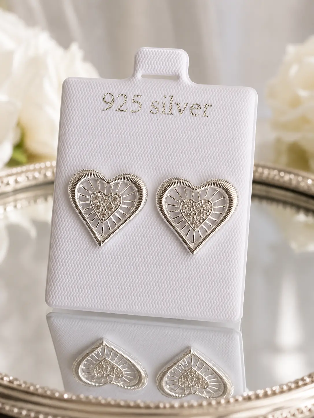 925 Sterling Silver Female Heart Sunburst Stud Earrings - Everyday Minimal Jewelry with Subtle Sparkling Cubic Zirco. Accents
