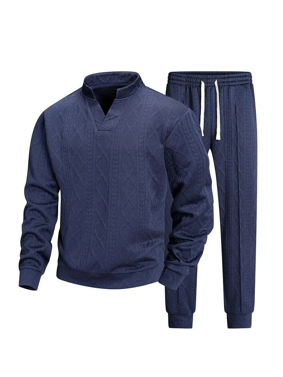 Men’s 2-Piece Diamond Cable Jacquard Tracksuit Set - Split V Mock Neck Long-Sleeve Sweatshirt, Elastic Drawstring Rib-Cuff Tapered Jogger Pants - Soft, Lightweight, Breathable Loose-Fit Casual Outfit for Daily Commute, Gym Workout