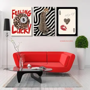 3-Piece Set, Fashionable Leopard-Print Canvas Material Wall Art Cool Red Lucky 8 Billiards Poster Print Preppy-Style Fashionable Striped Canvas Painting Living Room, Apartment, Dorm Wall Decor Frameless