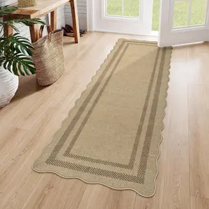 Scalloped Washable 2x6 Kitchen Runner Rug, Easy Jute Geometric Tan Rugs for Entryway Hallway, Indoor Outdoor Non Slip Rug Farmhouse Modern Carpet Door Mat for Porch Bedroom Laundry Room