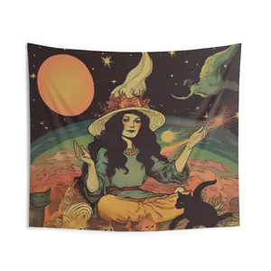 Cat Tapestry, Witch Tapestry, Trippy Esoteric Room Decor Wall Magical