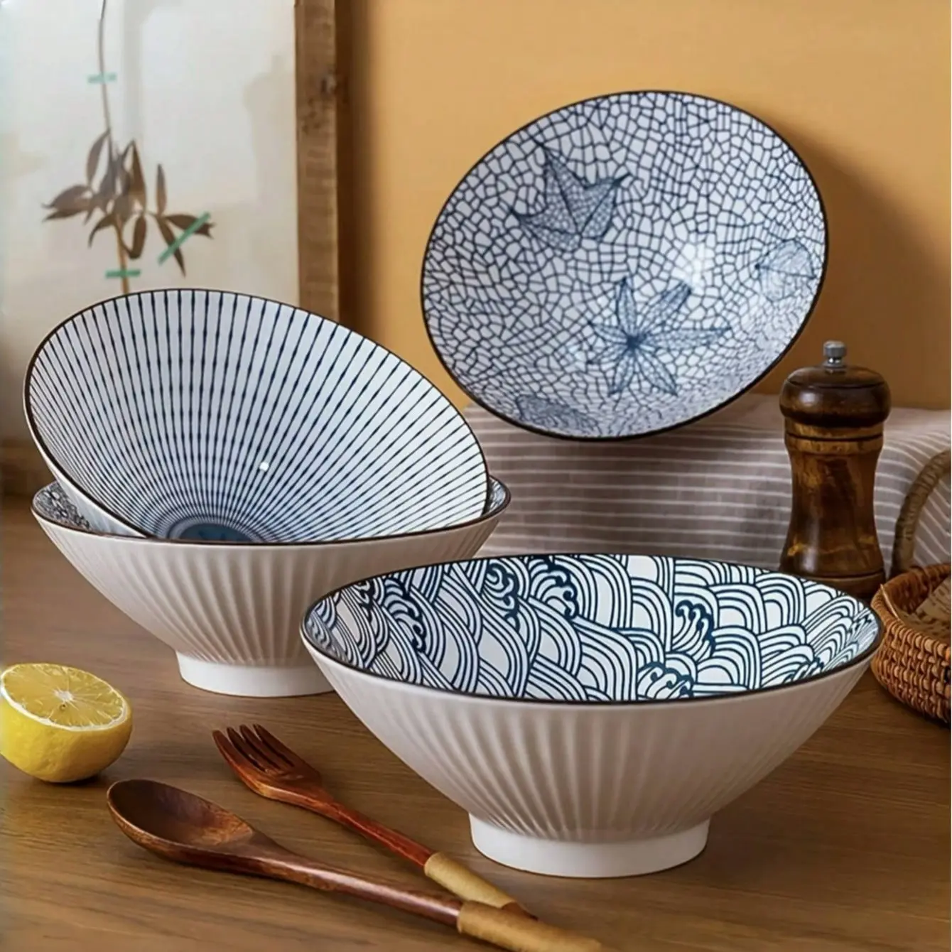 2/4pcs Japanese Ceramic Bowl Set, 8-Inch Oval Ramen Bowls, Serving Bowls, Microwave & Dishwasher Safe, Ideal for Noodles, Soup, Salad, Kitchen & Restaurant Use