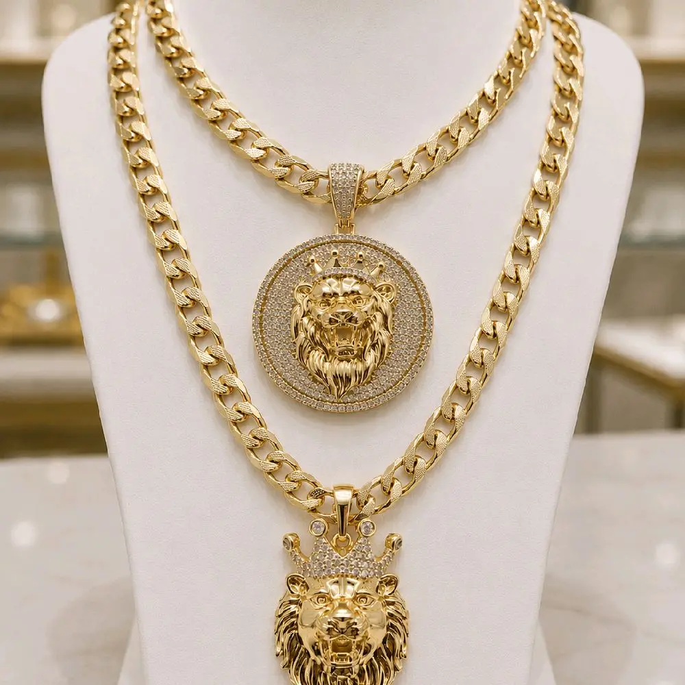 (77) Lion king 14 k gold plated   with chain 8mm 24 inches
