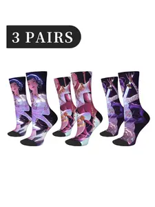 3 pairs of Korean popular girl group anime style crew socks trendy fun cartoon K-pop cartoon pattern printing soft and comfortable breathable warm men and women daily wear casual mid-tube socks outdoor sports travel festival Cosplay party perfect gift