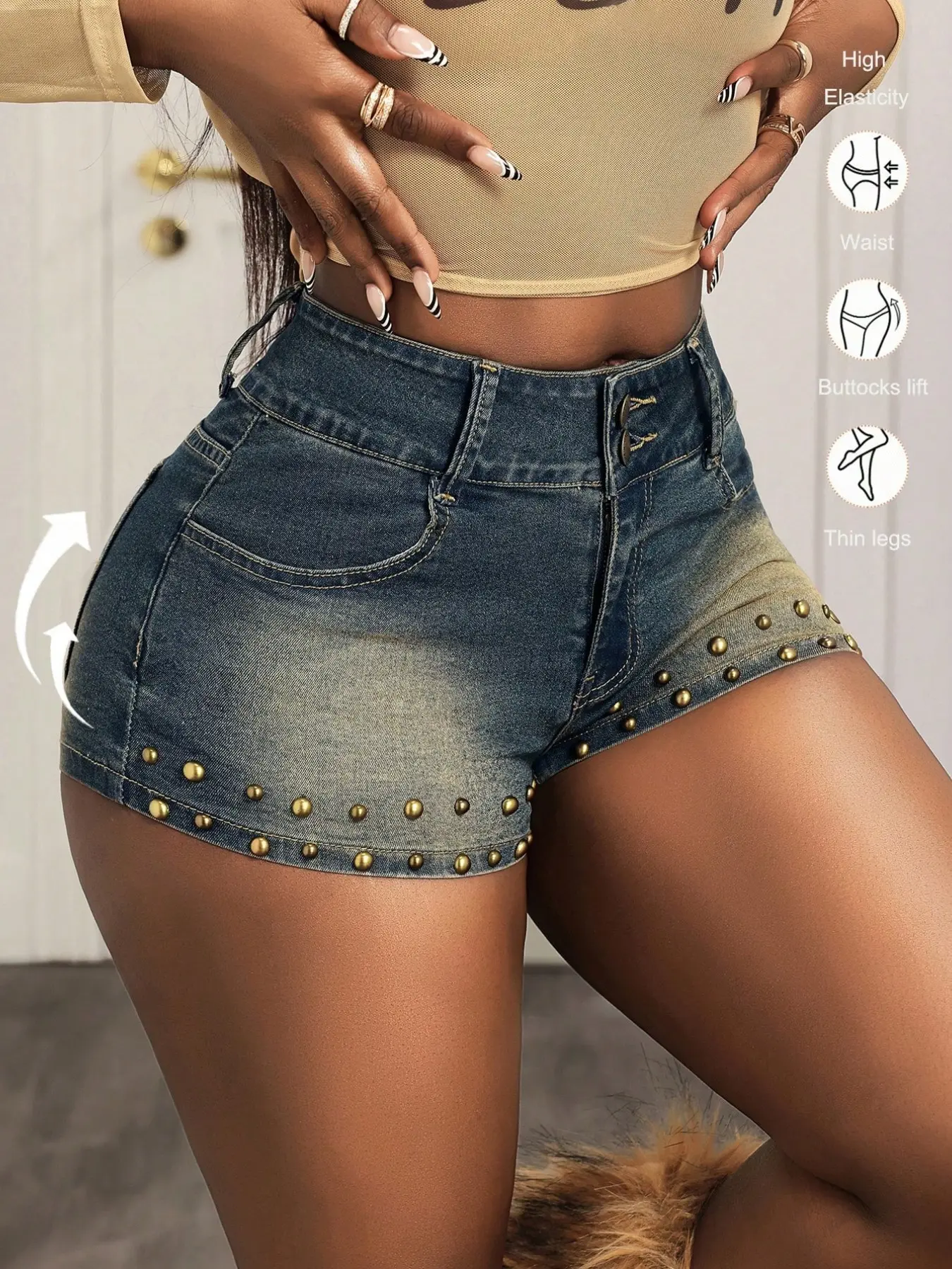 Women's High-Waisted Rivet Denim Jean Shorts, Denim Summer Shorts, Stretchy Butt-Lifting Tight Fit Hot Pants, Perfect for Daily Wear, Parties, Performances, Sports Events