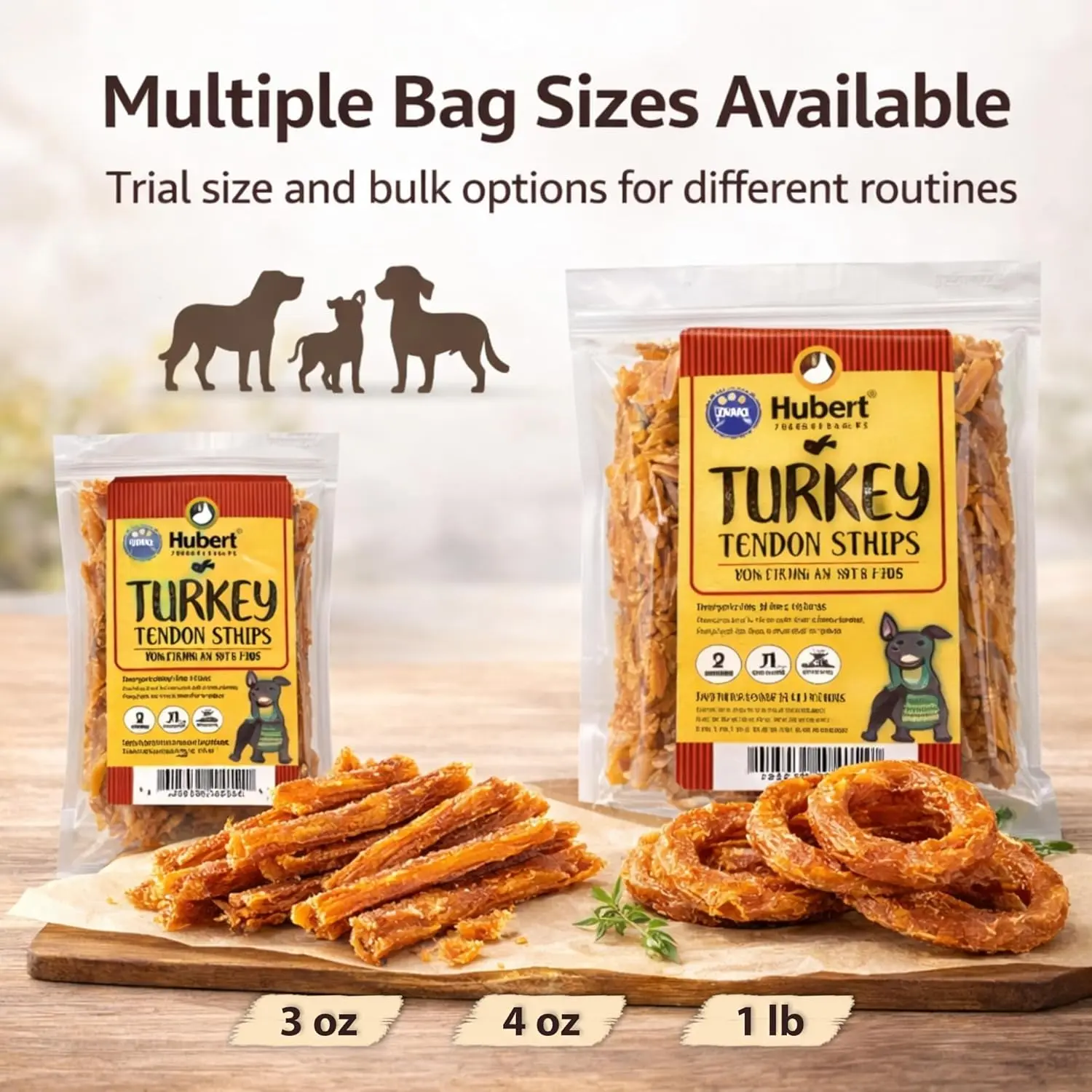 Turkey Tendon Dog Treats – All Natural Single Ingredient Chews, Hypoallergenic Grain Free, Crunchy Sticks & Rings for Small to Large Dogs, 3 oz / 4 oz / 1 lb