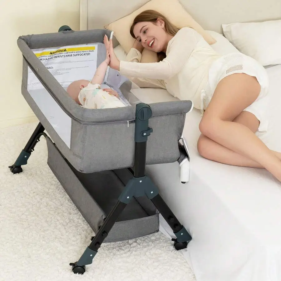 3-in-1 Bedside Crib Sleeper & Newborn Bassinet, Portable Travel Crib with 6 Heights, Breathable Mesh, Storage Shelf, and Mosquito Net, Height Adjustable Cribs