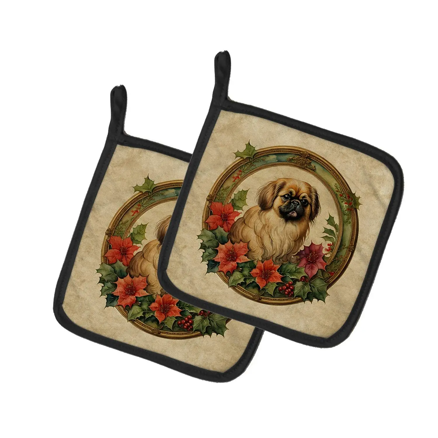 Pekingese Christmas Flowers Pair of Pot Holders