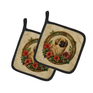 Pekingese Christmas Flowers Pair of Pot Holders