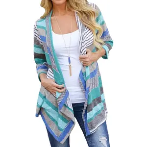 Women's Open Front Cardigans 3/4 Sleeve Draped Striped Sweater Jackets Draped Kimono Loose Cardigan