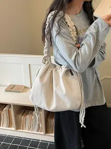 Vintage Caramel Velveteen Drawstring Fanny Pack, Braided Fringe Shoulder Strap, Crossbody Bags, Fall Winter Casual Daily Commute School Bag for Women