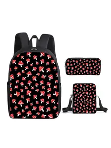 Mushroom pattern printed 16-inch backpack three-piece set (single-layer backpack + small satchel + single-layer pencil case)