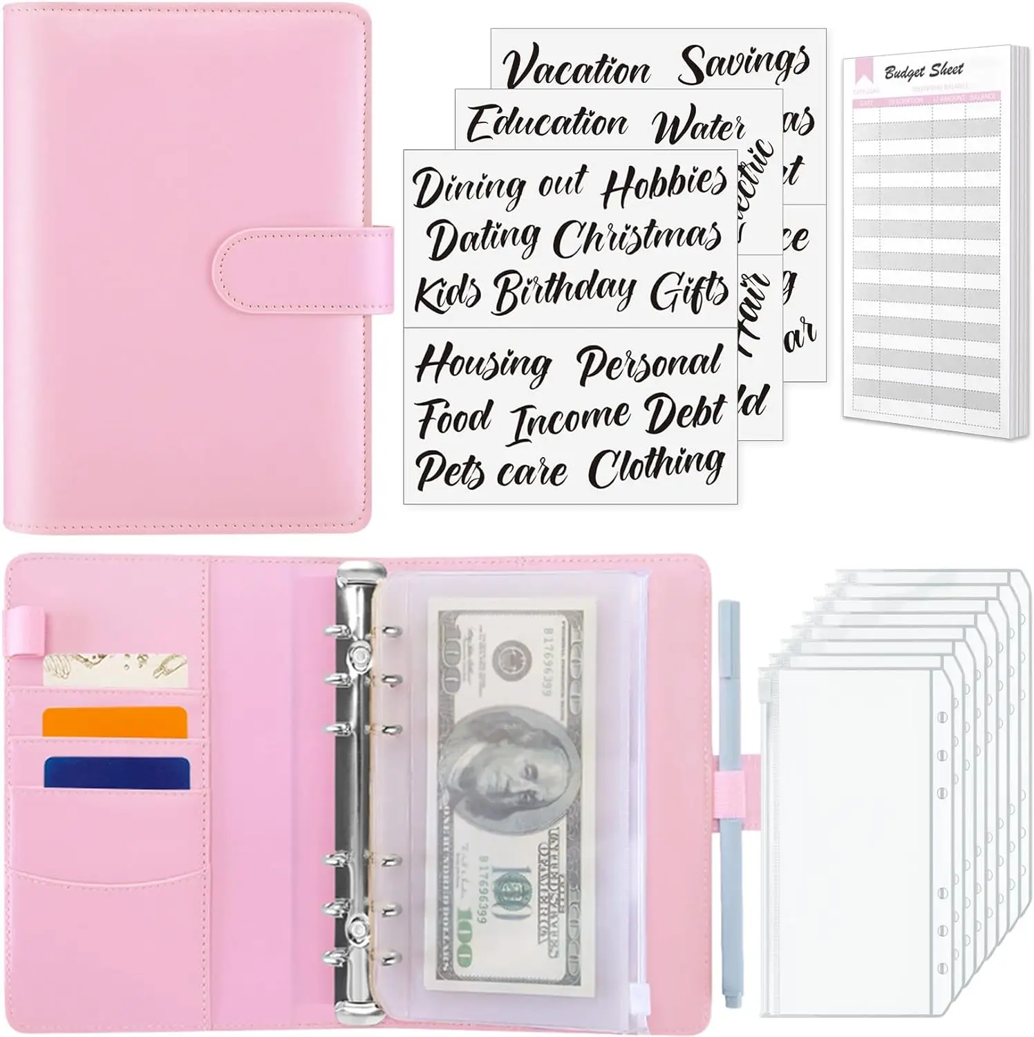 Budget Binder with Zipper Envelopes Money Organizer with Expense Budget Sheets and Stickers
