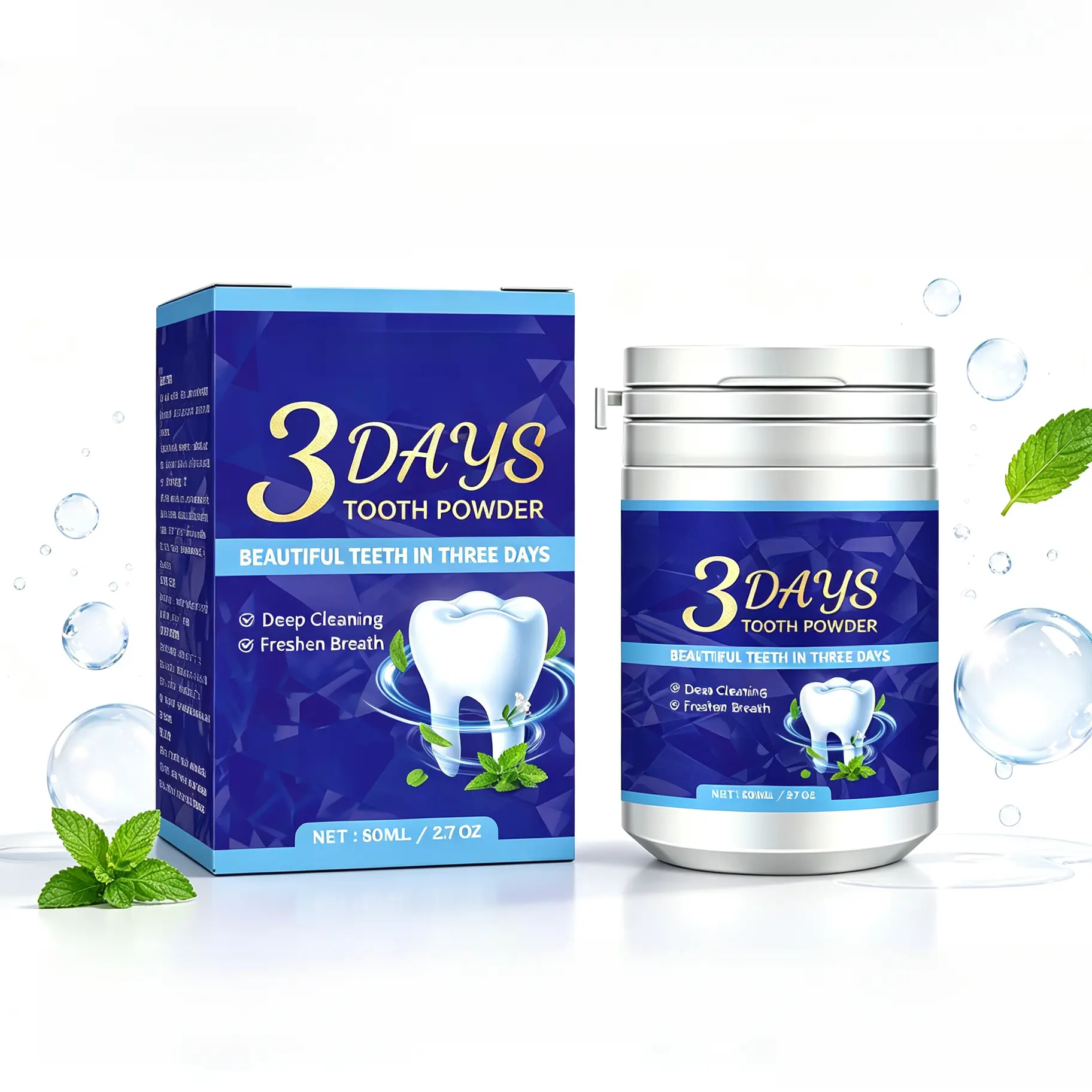 Teeth Whitening Powder with Mint & Leaf Oil, Deep Clean Formula for Stain Removal and Fresh Breath, Gentle for Daily Use