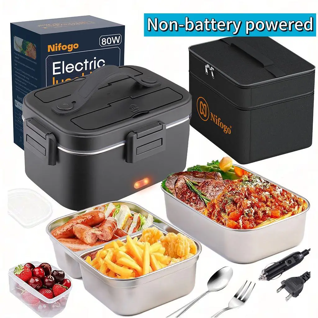 80W Fast Heating Nifogo Electric Lunch Box 1.8L Stainless Steel Double Layer Insulation Portable Display Screen 12V 24V 110V Square Black for Car Truck Office Construction Site
