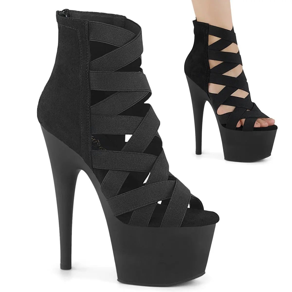 Women's Classy Stylish High Heel Platform Sandals - Black Elastic Band, Microfiber Design, Lattice Cage Look Footwear (Adore-700-24)