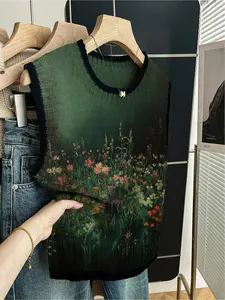 Women's Crew Neck Sleeveless Knit Top Dark Blue Piped Trim Contrast Green Gradient Patchwork Floral Print Colorblock Vest Casual Loose Spring Summer Everyday Essential 2026
