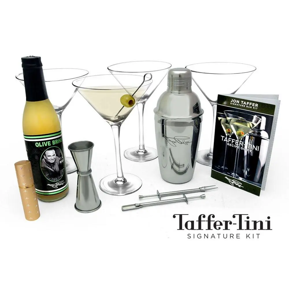 Jon Taffer Signature Stainless Steel Bar Kit - 8oz Taffer-Tini Cocktail Shaker with Imprinted Logo, Deluxe Olive Stuffer, Bar Utensils, Rolled Jigger, Recipe Guide for Hosting Happy Hours