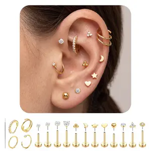 Flat Back Stud Earrings 14K Gold Plated Internally Threaded CZ Stud Piercing Jewelry for Tragus Helix Cartilage Conch Nose Hypoallergenic Lip Labret Medusa Piercing