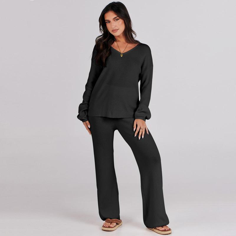 ANRABESS Women 2 Piece Outfits Sweater Lounge Sets Long Sleeve Cable Knit Pullover and Wide Leg Pants Tracksuit Matching Set
