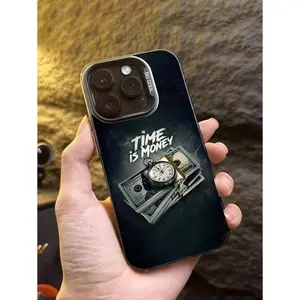 1pc Retro Personalized "Time Is Money" Texture Design Matte Soft Anti-Fall IMD Phone Case With Independent Plated Buttons & Camera, Compatible With IPhone