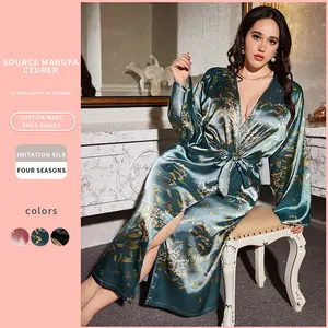 European and American Style Spring Summer Cross-Border Printed Bathrobe for Women Sexy Fashion Imitation Silk Nightgown Fashion Casual Loungewear Nightwear Womenswear Green Cherry Long Sleeve
