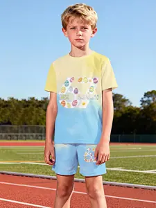 67 Styles Easter Egg Boys' Two-Piece Outfit, Short Sleeve and Shorts Set, 100% Polyester Casual Loose Suit, Summer Fun Printed Pattern, Outdoor Sports T-Shirt Set, Perfect Gift for Boys
