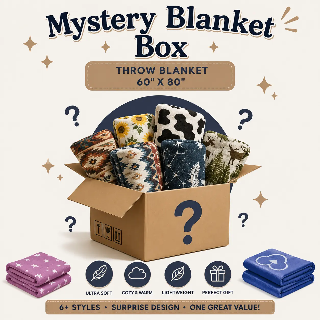 Mystery Blanket Box Flannel Throw Blanket, Random Surprise Design Soft Warm Cozy Blanket for Bed Sofa Couch, Lightweight All Season Plush Blanket, Home Dorm Room Decor, Birthday Holiday Gift for Kids Teens Adults