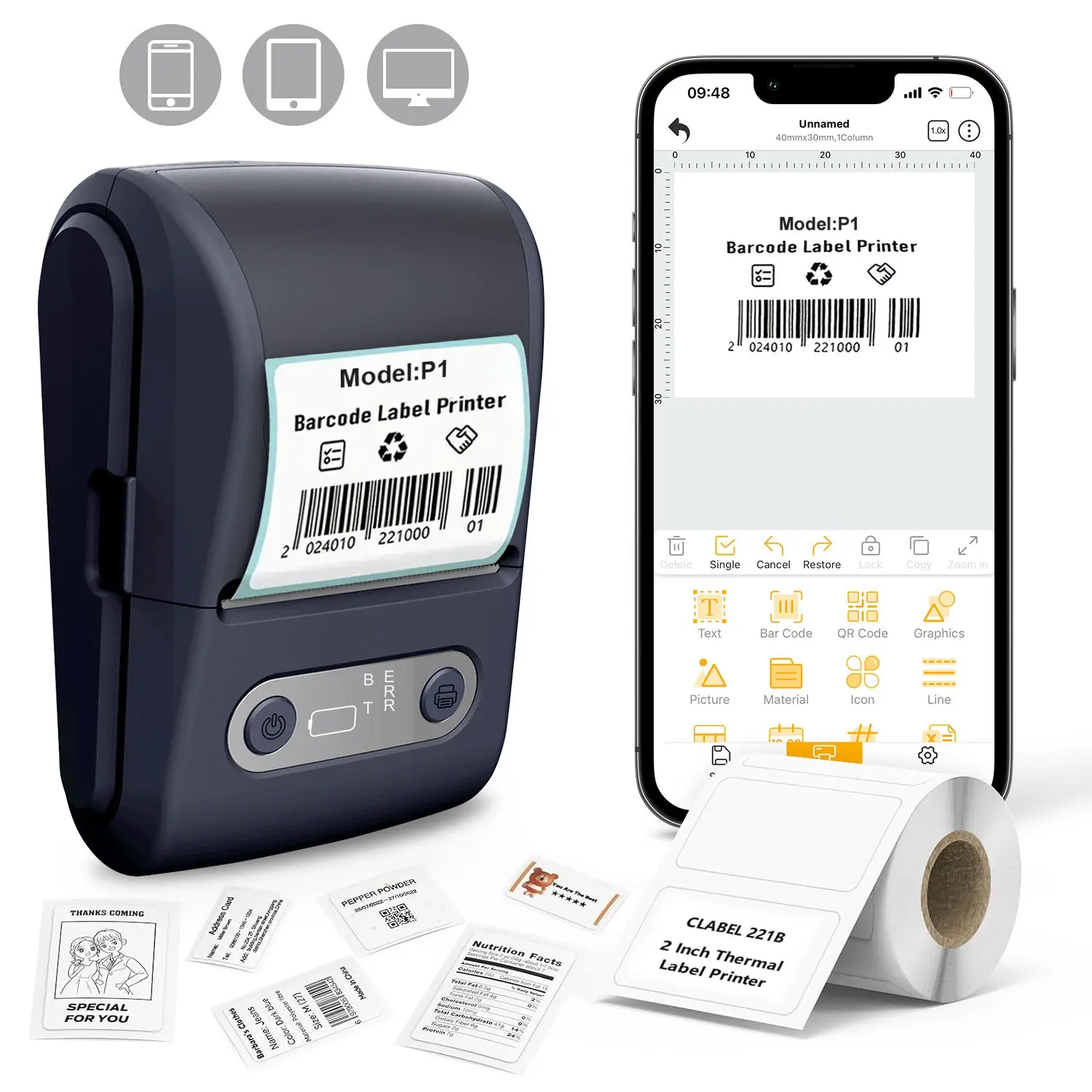 P1 Thermal Wireless Label Printer, Portable Bluetooth-compatible ...