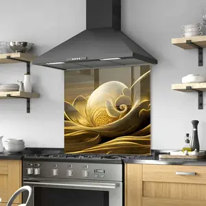 GCKG Golden ornament of flowers and waves on the wall Tempered Glass Kitchen Backsplash, Stove Back Cover, Stove Splashback, Cutting Board, Kitchen Wall Decor