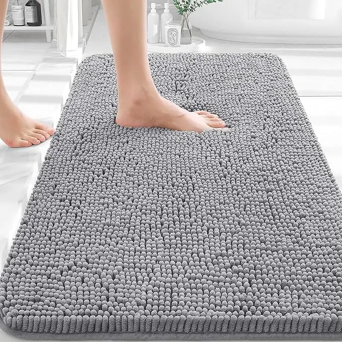 Extra Soft Chenille Bathroom Rug 30x20 Inch, Quick Dry Non Slip Bath Mat with Rubber Backing, Machine Washable Bathroom Floor Mat, Grey